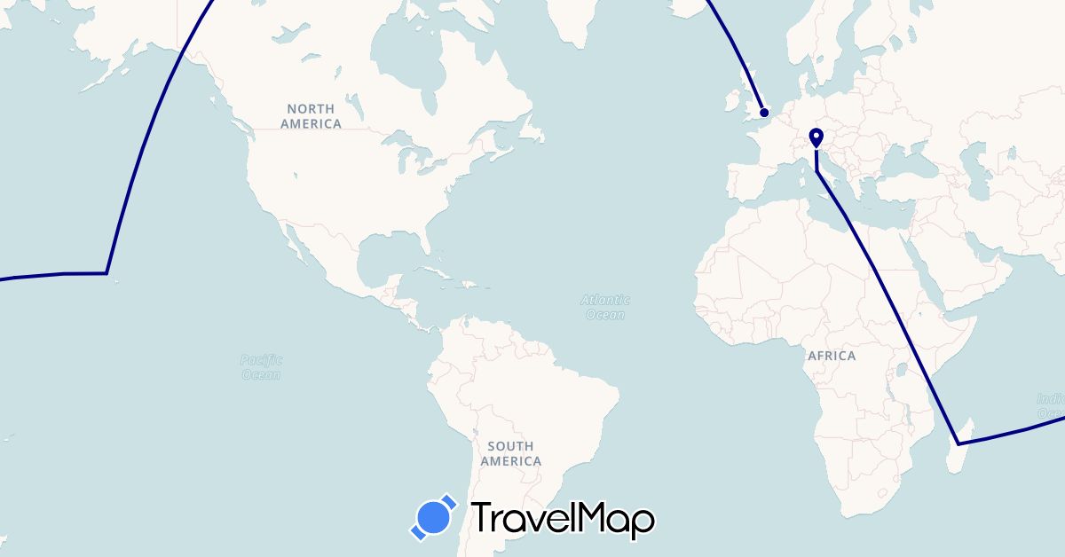 TravelMap itinerary: driving in United Kingdom, Italy, Madagascar, United States (Africa, Europe, North America)